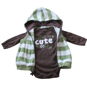 Small Wonder 2 Pc Vest Shirt Outfit Boys Size 3-6M Brown Green‎ Hooded Zip Up